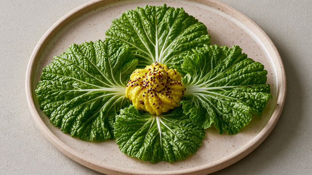 Green mustard leaves arranged as a decorative flower garnish on ceramic plate