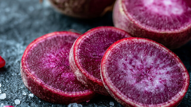 Sliced purple radish rounds seasoned with salt crystals on dark stone