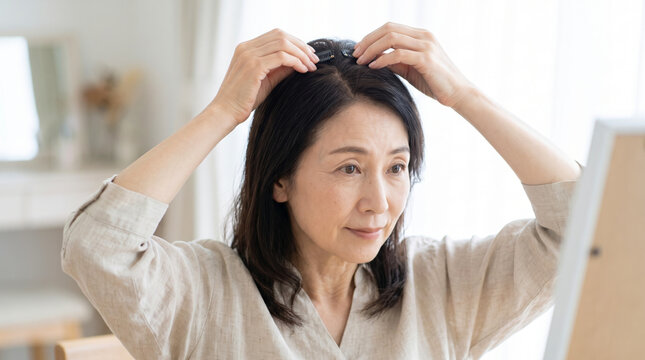 頭頂部に部分ウィッグを装着するシニア女性