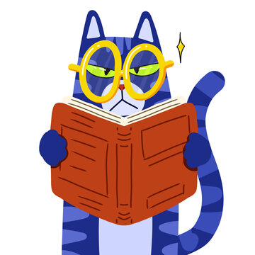 Illustration of a blue tabby cat wearing yellow sunglasses and reading a book