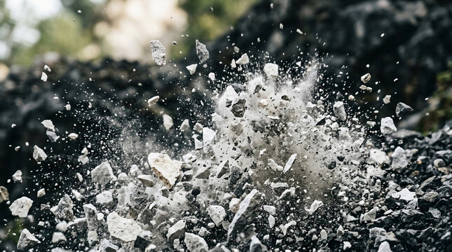 Close up view of small gray rocks and dust exploding upward from a rockfall or demolition site