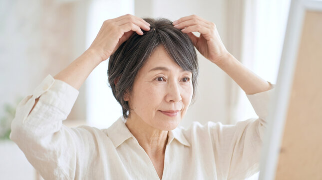 頭頂部に部分ウィッグを取り付けるシニア女性