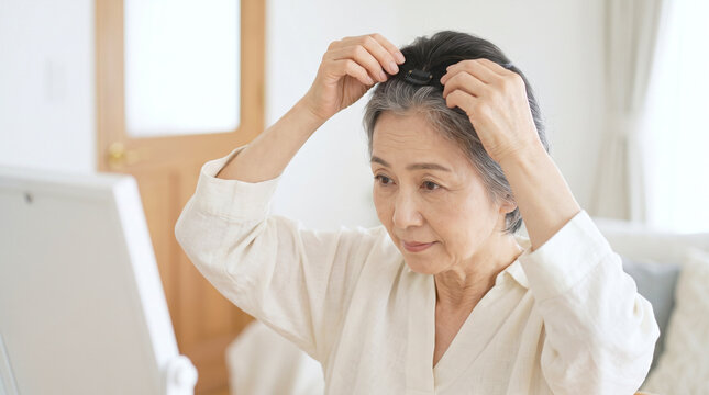 頭頂部に部分ウィッグを装着するシニア女性