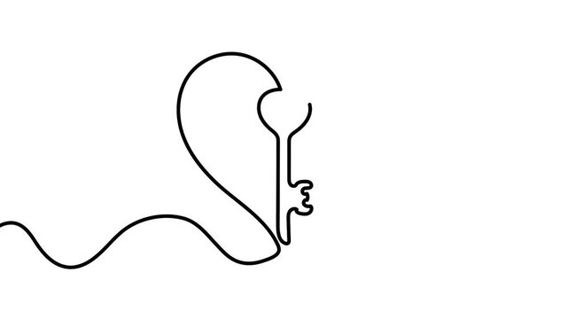 Heart with key line art animation loop video depicting a continuous line drawing of a heart shape with a key inside on a white background with motion graphics.