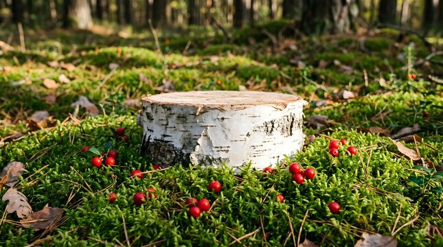 Natural birch wood log podium situated in forest moss with wild red cranberries cranberry outdoors