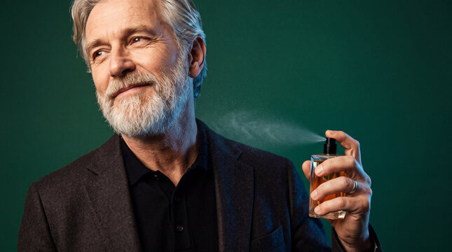 Stylish senior man spraying cologne on emerald background