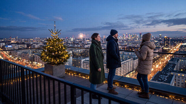 Urban Rooftop Celebration with a Minimal Christmas Tree