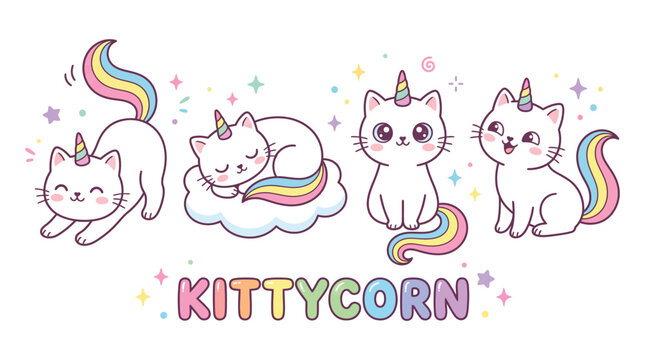Cute kittycorn vector set with magical unicorn kittens