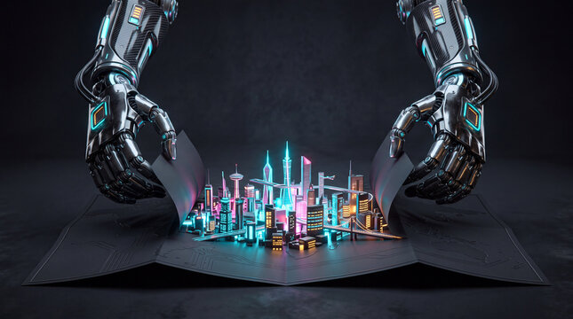 Robot Hands Revealing a Glowing Future Skyline