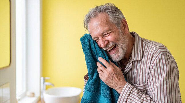 Senior man drying his face with towel on yellow background