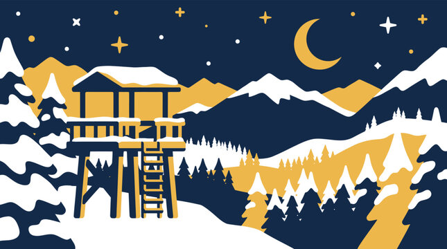 A serene winter landscape featuring a cozy watchtower nestled amongst snow covered mountains and a luminous crescent moon evoking a magical christmas