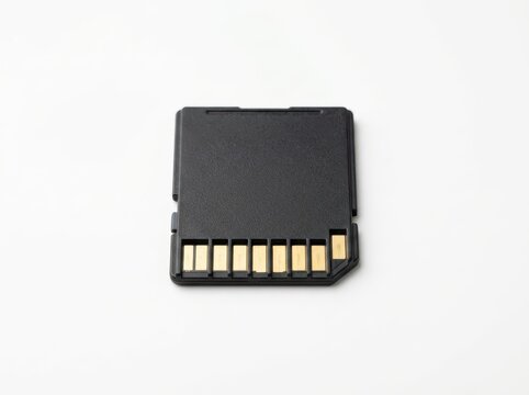 Close-up of a black memory card with gold contacts on a white background