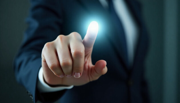 businesswoman touching glowing futuristic digital interface screen with finger in high technology business concept