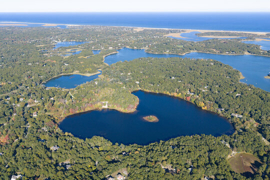 A bird's eye view of Pilgrim Lake in Orleans on outer Cape Cod, MA. This beautiful area is close to the Atlantic Ocean. This scenic area is a popular east coast vacation destination.