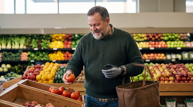 Man With Partial Hand Prosthesis Shopping for Produce