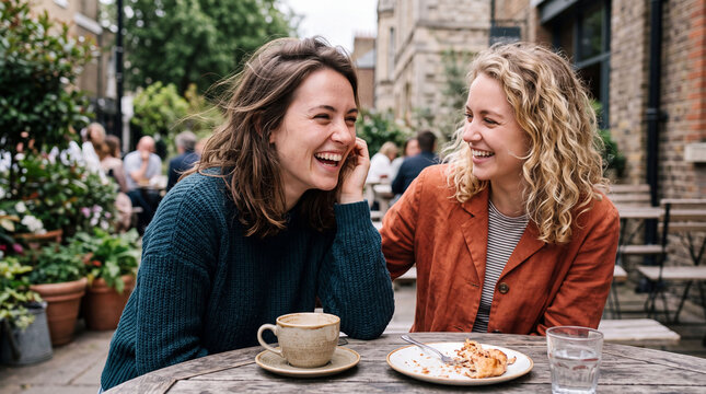 Friends Laughing at an Outdoor Cafe Table