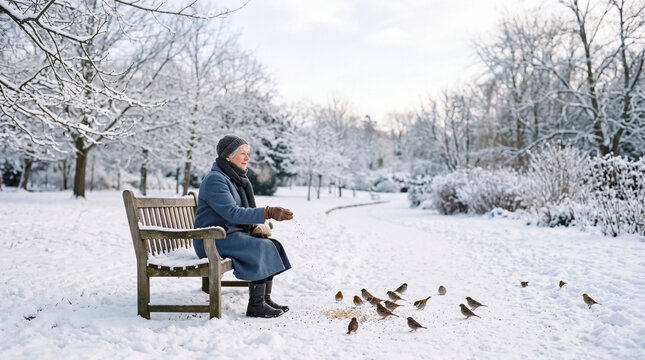 Elderly woman feeding birds in a snowy garden