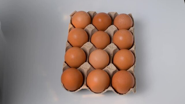 Recyclable, paper carton full of a dozen of brown eggs sitting on a kitchen counter with golden light dancing across