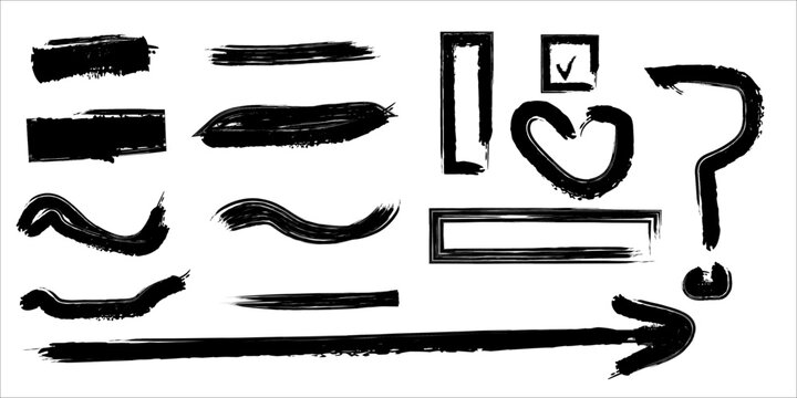 Collection of hand drawn black brush strokes and doodle style elements