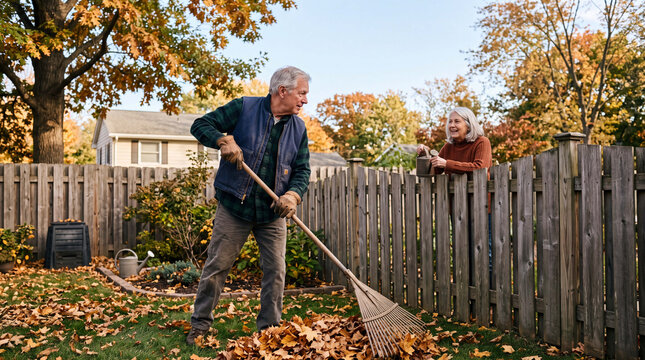 Older man raking leaves with a neighbor nearby