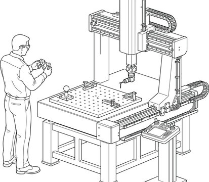 Technical line art illustration of an engineer operating a coordinate measuring machine for quality control