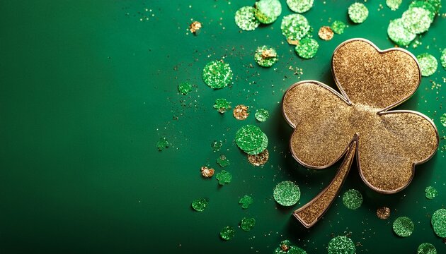 Saint patrick day concept.  Golden glitters in shape of clover on green background with green clover glitters and copy space