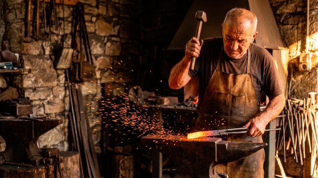 Senior lifestyle and active aging concept. An elderly blacksmith is forging hot metal on an anvil in a rustic, traditional workshop.