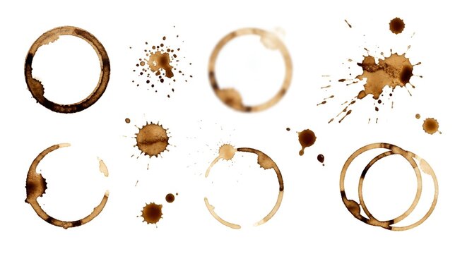 Abstract Coffee Stains and Circular Cup Rings on White Background