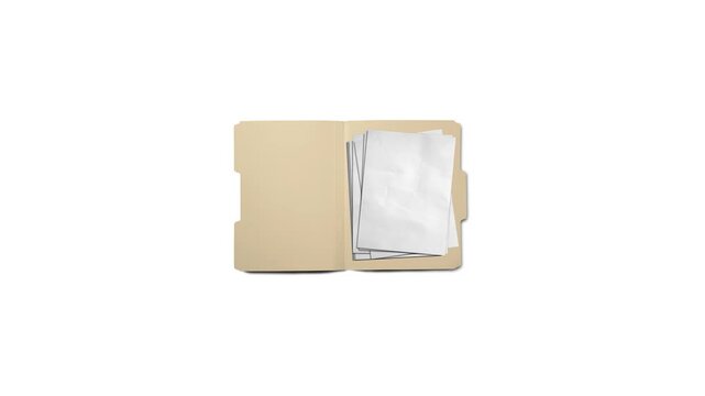 Stop motion animation of blank white papers accumulating inside an open manila file folder. Top view office document mockup template isolated on white background with copy space.
