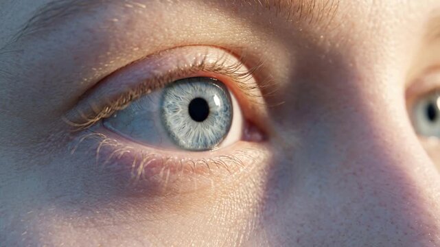 Close up view of a blue eye with pale lashes and sunlit skin texture