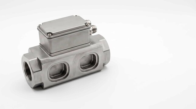 Flow meter sensor industrial metallic device with electronic terminal box closeup on white background
