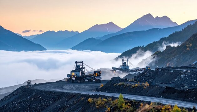Scenic mountain mining operation at dawn with heavy machinery and low clouds.