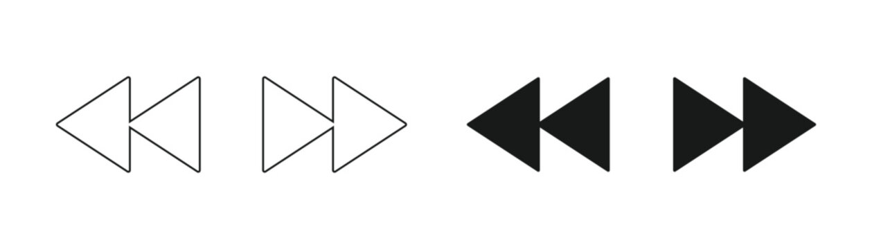Media player fast forward and rewind navigation control button vector icons set in bold black solid glyph style