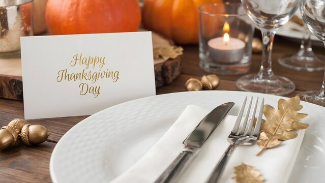 Happy Thanksgiving Day card with pumpkins acorns autumn leaves candle and silverware on wooden table