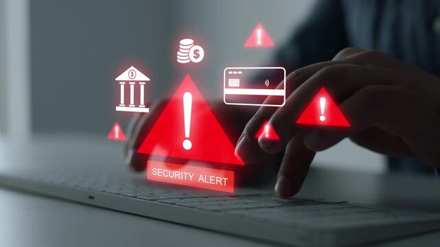 Online banking fraud concept with security alerts, bank and credit card symbols, representing phishing, scam attempts, financial data theft and digital security risks during online transactions.	
