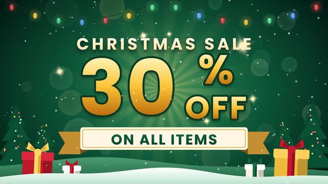 Animated Christmas sale promo, 30% off, in emerald green and gold with glowing string lights, decorated fir trees, snowfall and gift boxes. 4K motion graphic.