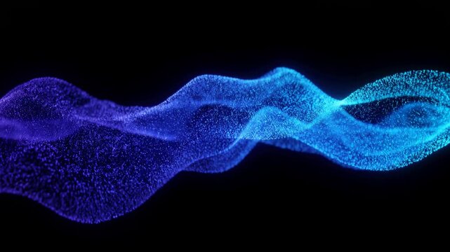 Flowing blue particles form luminous waves across a black background