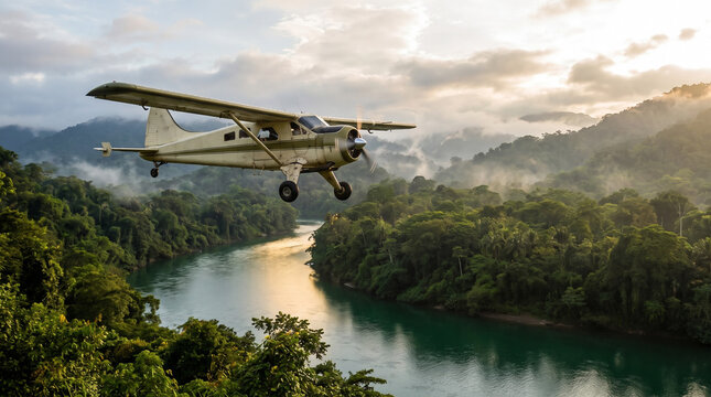 General Aviation Aircraft Over a Remote Tropical Landscape