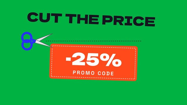 Cut the Price Promo Code animated typography with scissors and coupon on green screen chroma key background, Black Friday sale seamless loop