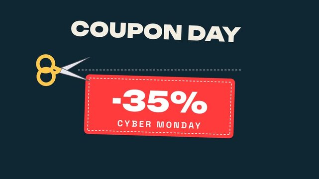 Coupon Day animated typography with scissors and coupon on colorful background, Cyber Monday sale seamless loop