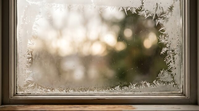 Frosty window pane with nature scene and warm light in winter.