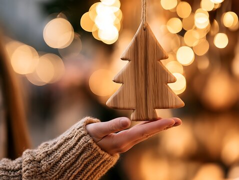 Hand holding wooden Christmas tree ornament on blurred festive lights background