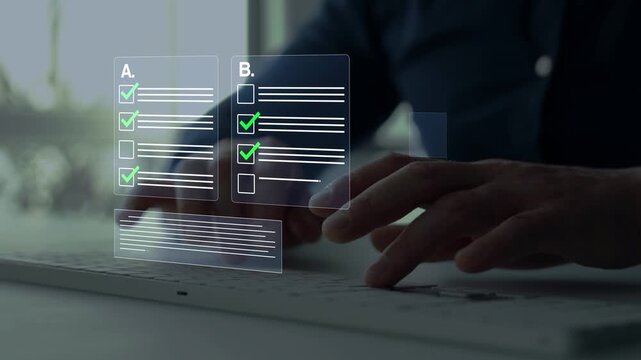 Online survey and exam interface with checkboxes, questionnaire forms and rating system. Concept of e-learning, assessment, feedback, research, quality control and data analysis.	

