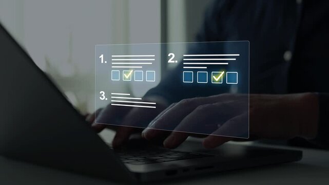 Online survey exam interface with completed questions and selected answers. Technology concept for digital assessment, student testing, research and education.	
