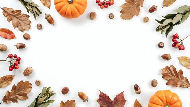 Autumn pumpkins acorns leaves berries pinecones decorative arrangement on white background