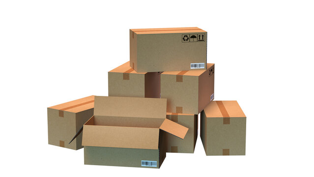 Pile of cardboard boxes with an open box in the foreground