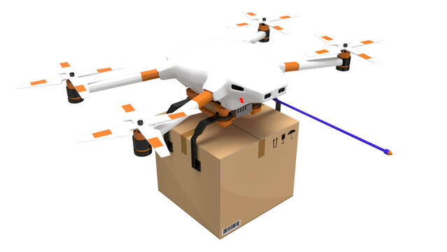 Autonomous delivery drone flying and carrying a cardboard parcel box