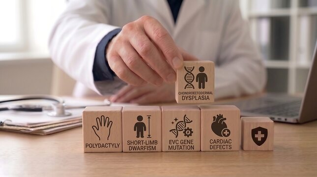 Doctor hand placing a wooden block with chondroectodermal dysplasia medical information label