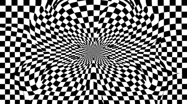 Abstract black and white checkered pattern with a distorted wave effect creating a hypnotic optical illusion background