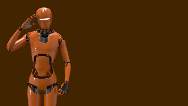 Orange humanoid robot touching its temple in a thinking pose
